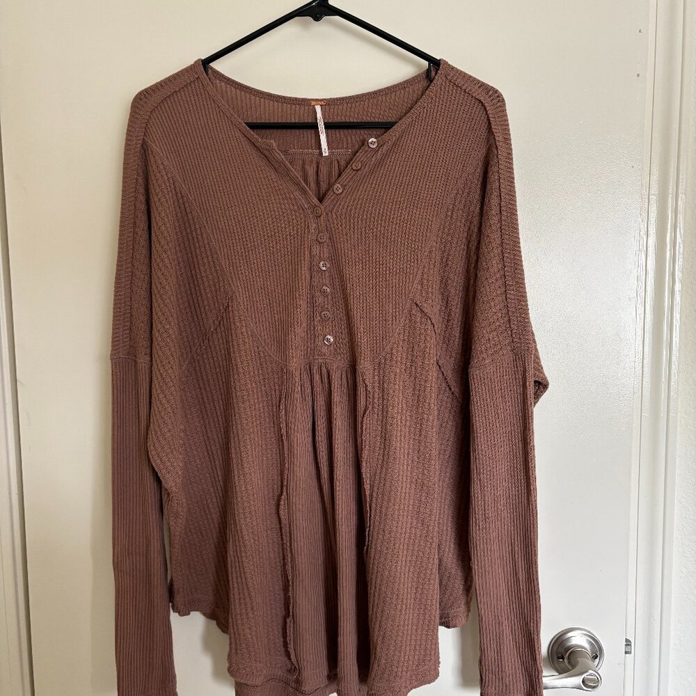 Free People We The Free Leo Henley Thermal Waffle Knit Tunic Top - Womens Medium